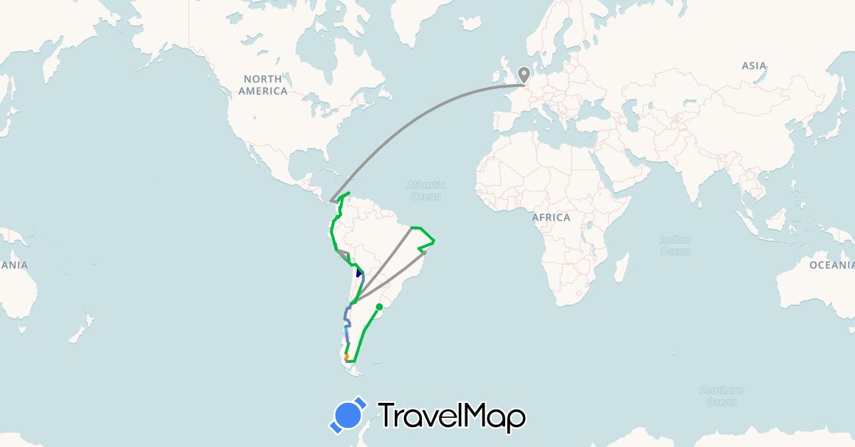 TravelMap itinerary: driving, bus, plane, cycling, boat, hitchhiking in Argentina, Belgium, Bolivia, Brazil, Chile, Colombia, Ecuador, Panama, Peru (Europe, North America, South America)